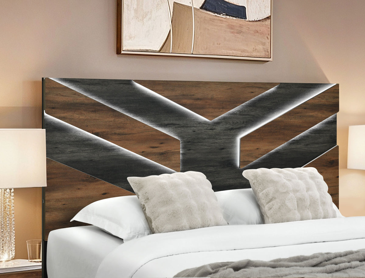 Optimus Collection Two-Tone Walnut LED Bedroom Set with Chevron Headboard