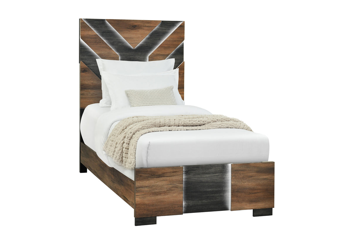Optimus Collection Two-Tone Walnut LED Bedroom Set with Chevron Headboard