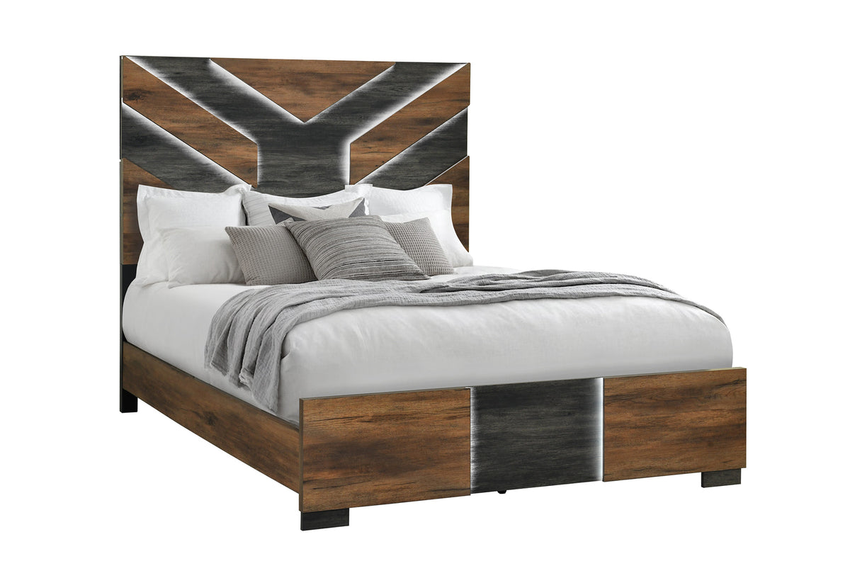 Optimus Collection Two-Tone Walnut LED Bedroom Set with Chevron Headboard