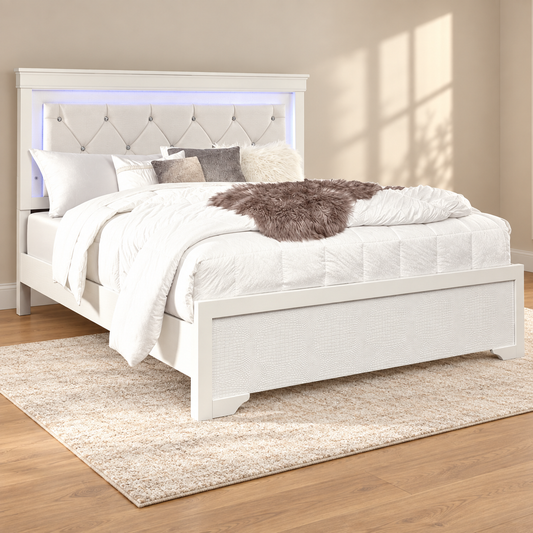 Pompei Metallic Crocodile PU LED Bed Frame - White or Grey — lifestyle view, bed only