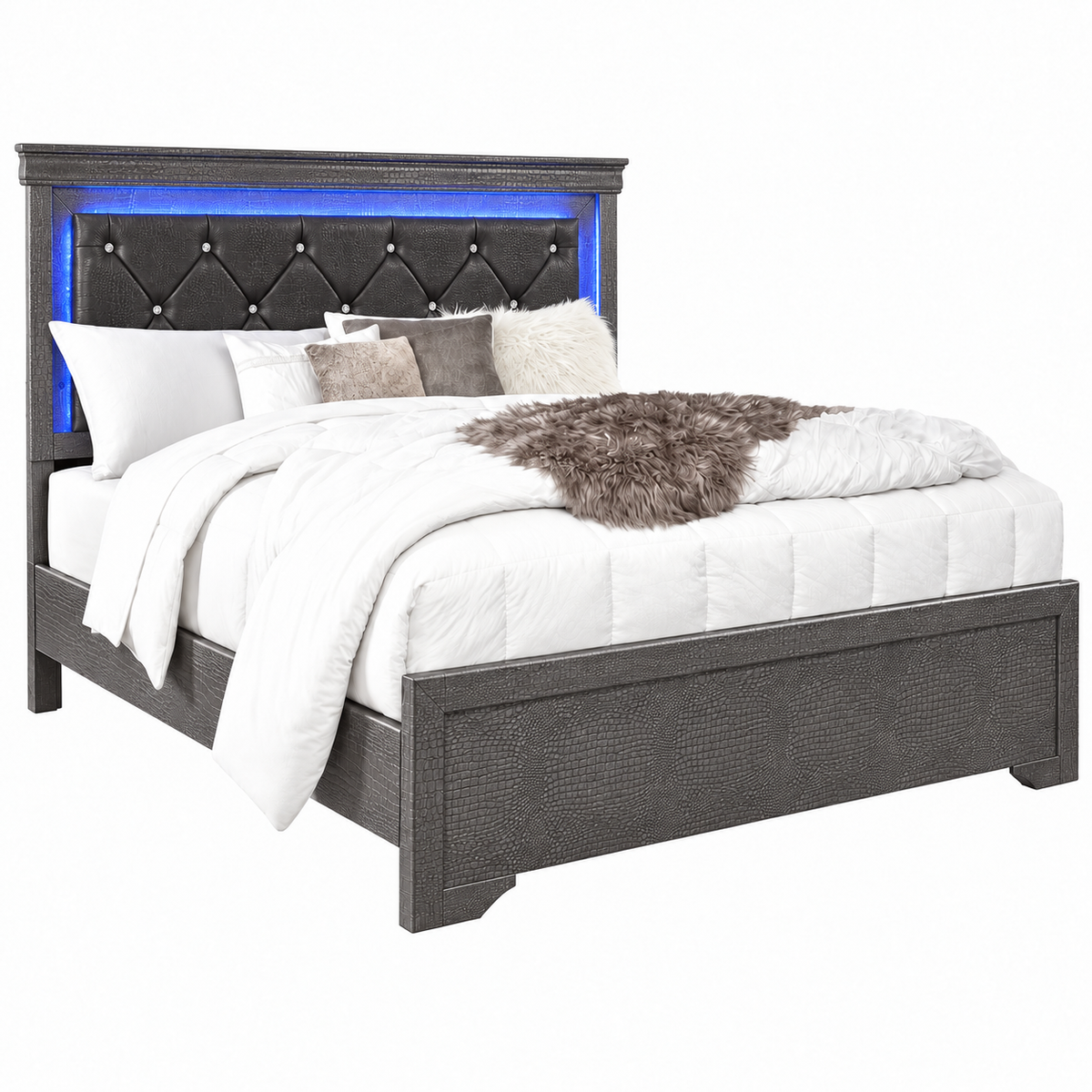 Pompei Metallic Crocodile PU LED Bed Frame - White or Grey