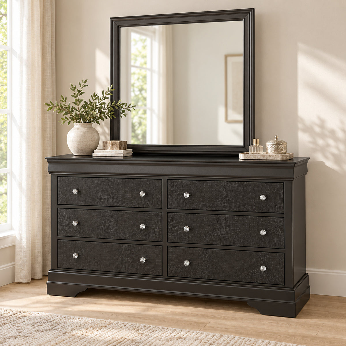 Pompei Grey dresser and mirror in a bedroom lifestyle setting