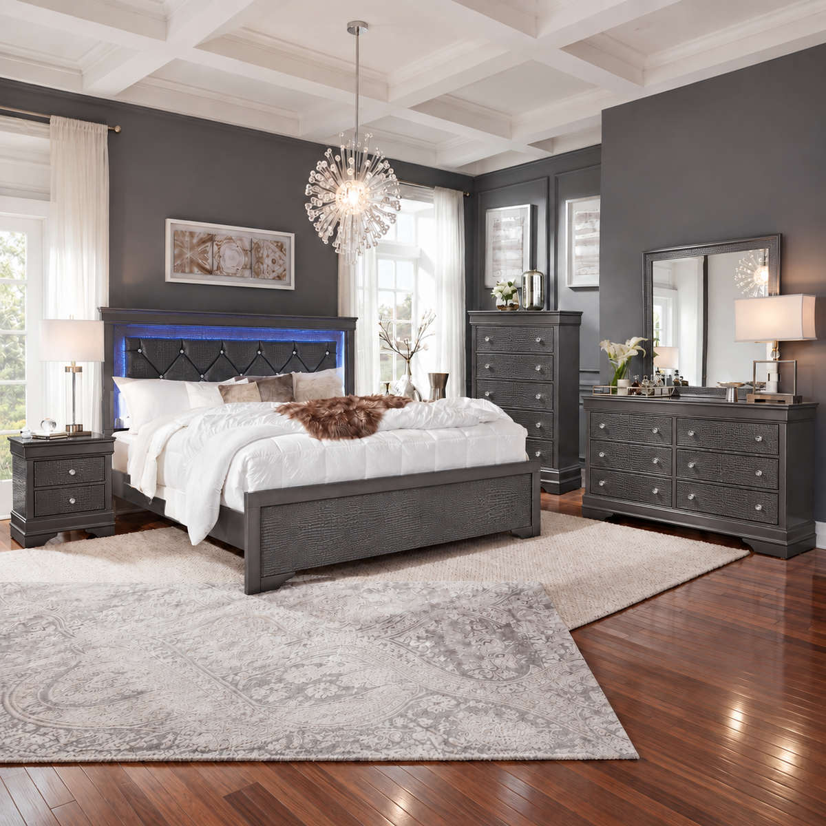 Pompei Metallic Crocodile PU LED Bedroom Set – White or Grey