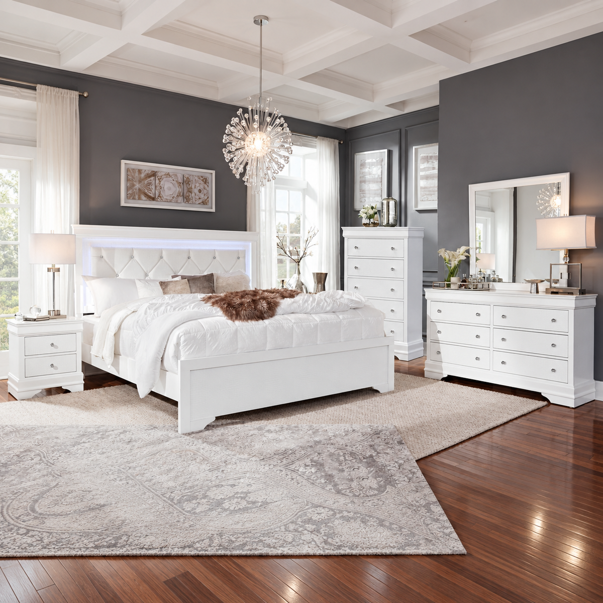 Pompei Metallic Crocodile PU LED Bedroom Set – White or Grey