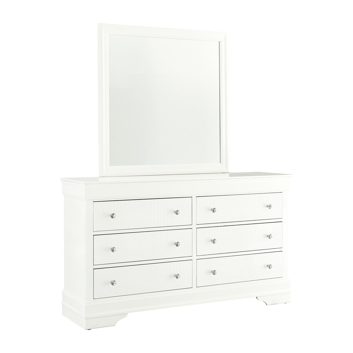 Pompei White dresser and mirror on a clean white background