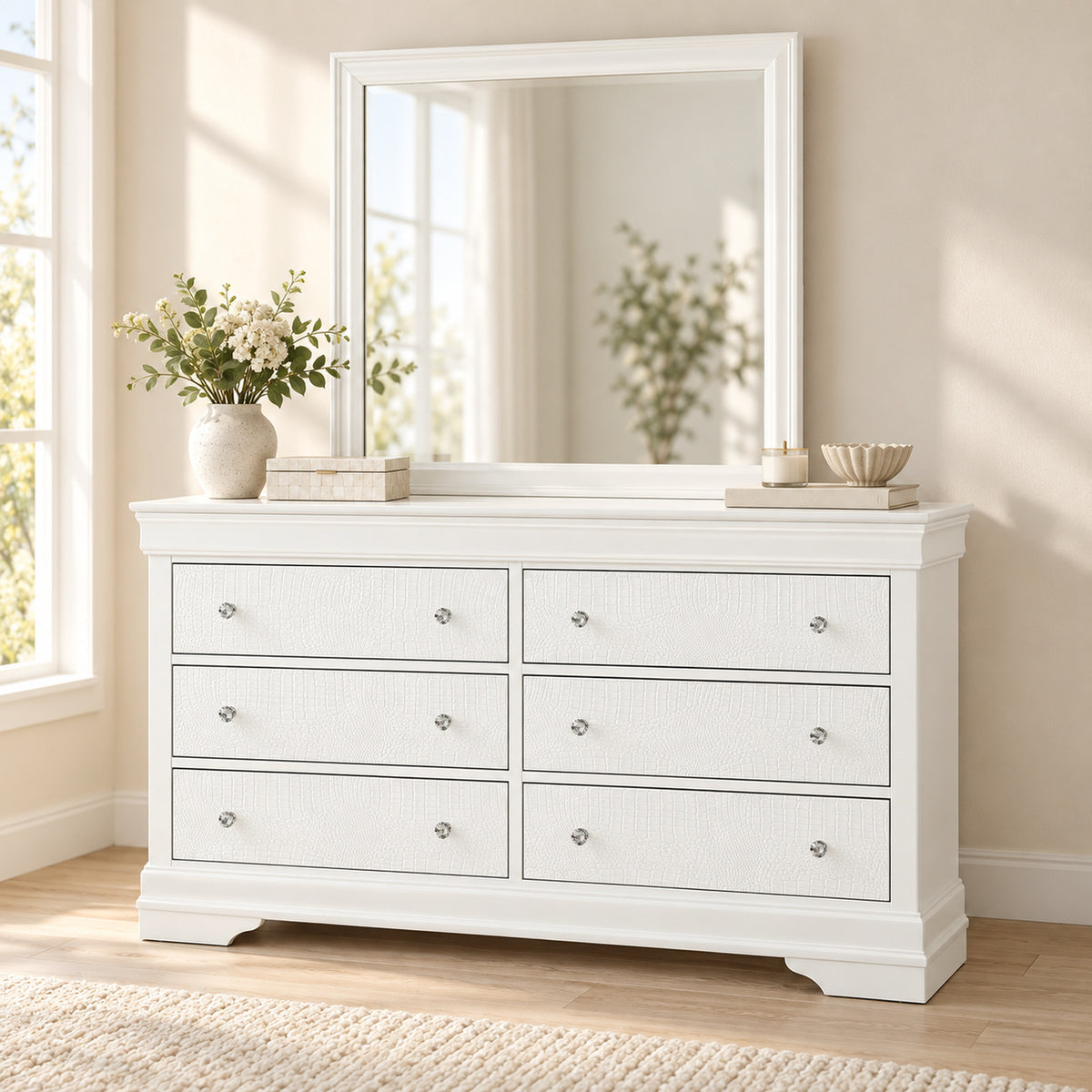 Pompei White dresser and mirror in a bedroom lifestyle setting
