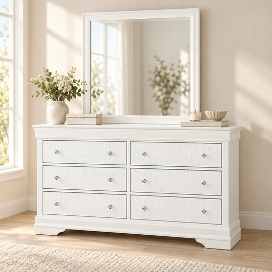 Pompei White dresser and mirror in a bedroom lifestyle setting