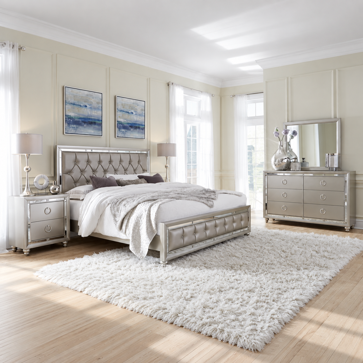 Riley 'Luna' Silver Mirrored Tufted Bedroom Set