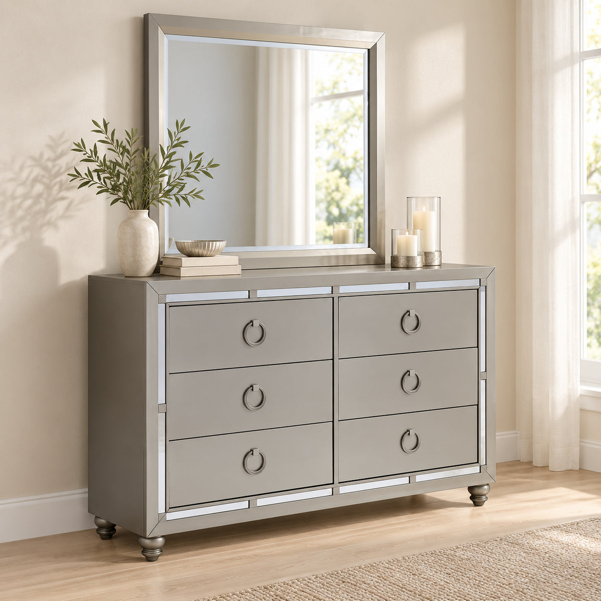 Riley Silver dresser and mirror in a bedroom lifestyle setting