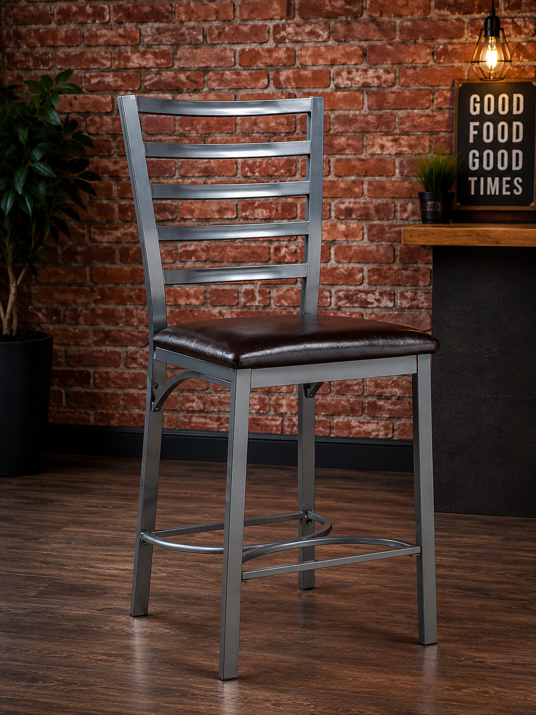 Chair with black polyurethane leather seat and metal ladder back