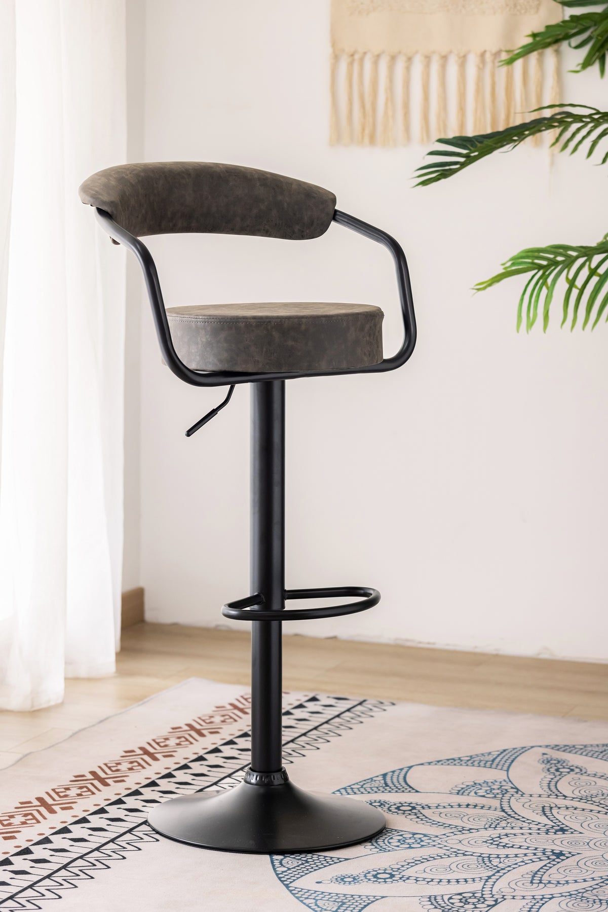 Curved Adjustable Swivel Bar Stools with Black Bases - Set of 2 - Grey