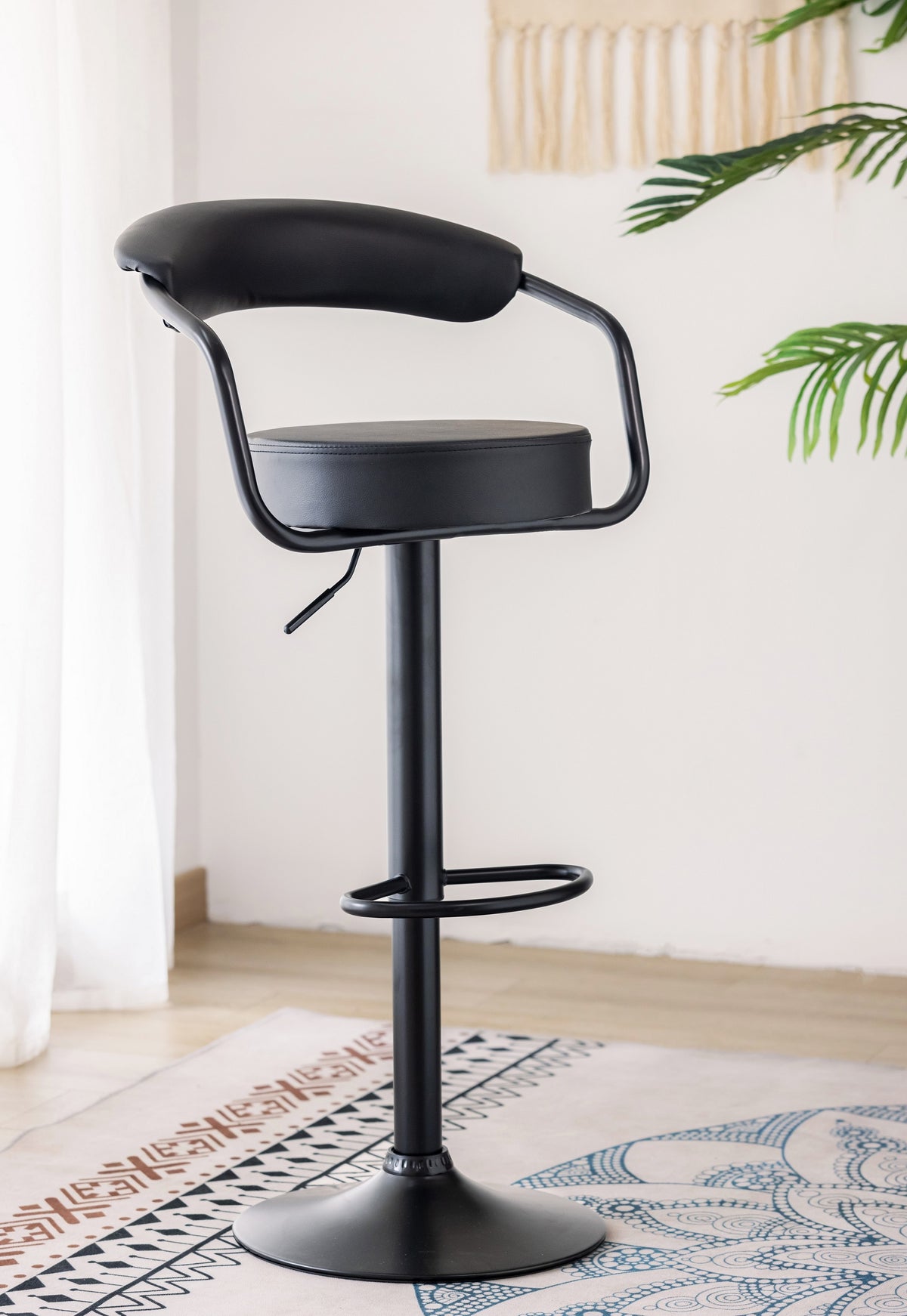 Curved Adjustable Swivel Bar Stools with Black Bases - Set of 2 - Black