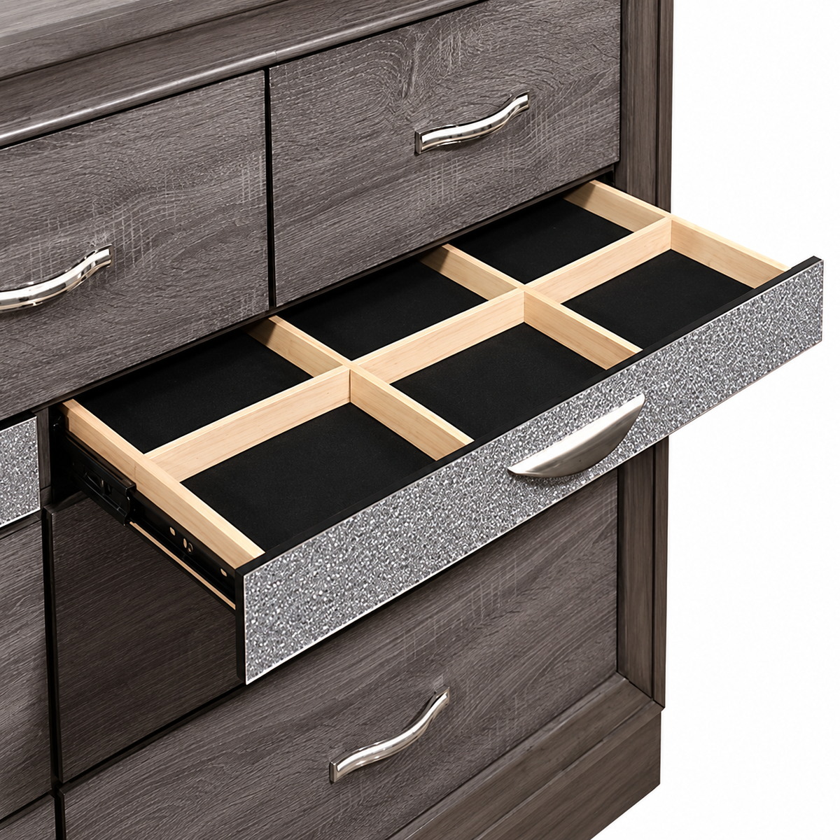 Seville Harper weathered grey dresser — pull-out jewelry drawer with black lining and six organizer compartments