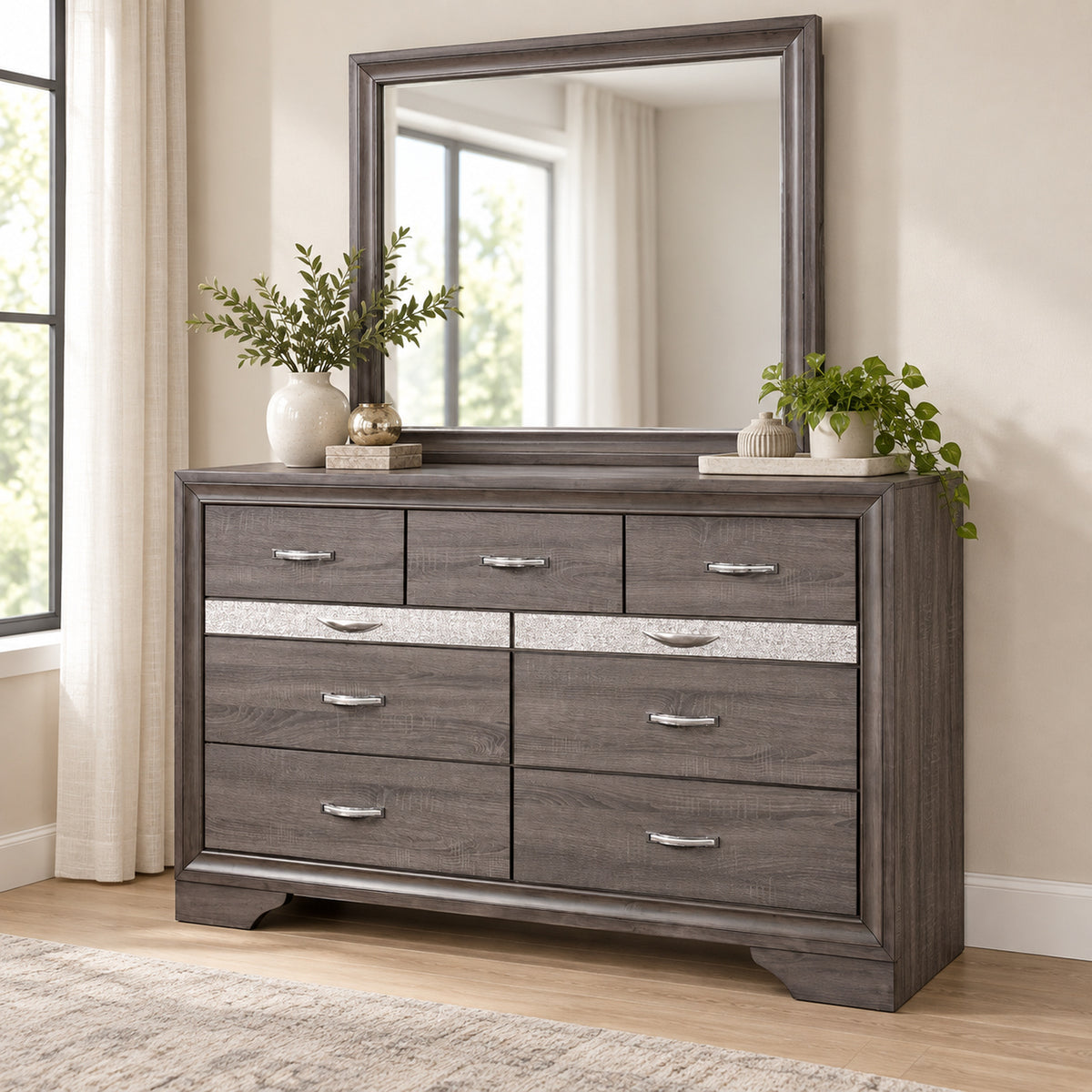Seville Weathered Grey dresser and mirror in a bedroom lifestyle setting