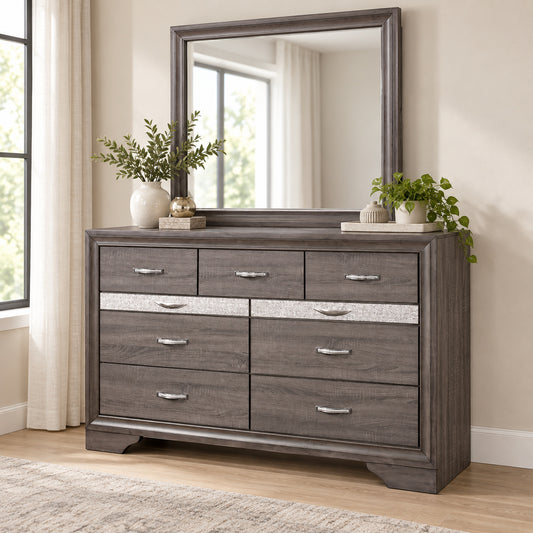 Seville Weathered Grey dresser and mirror in a bedroom lifestyle setting