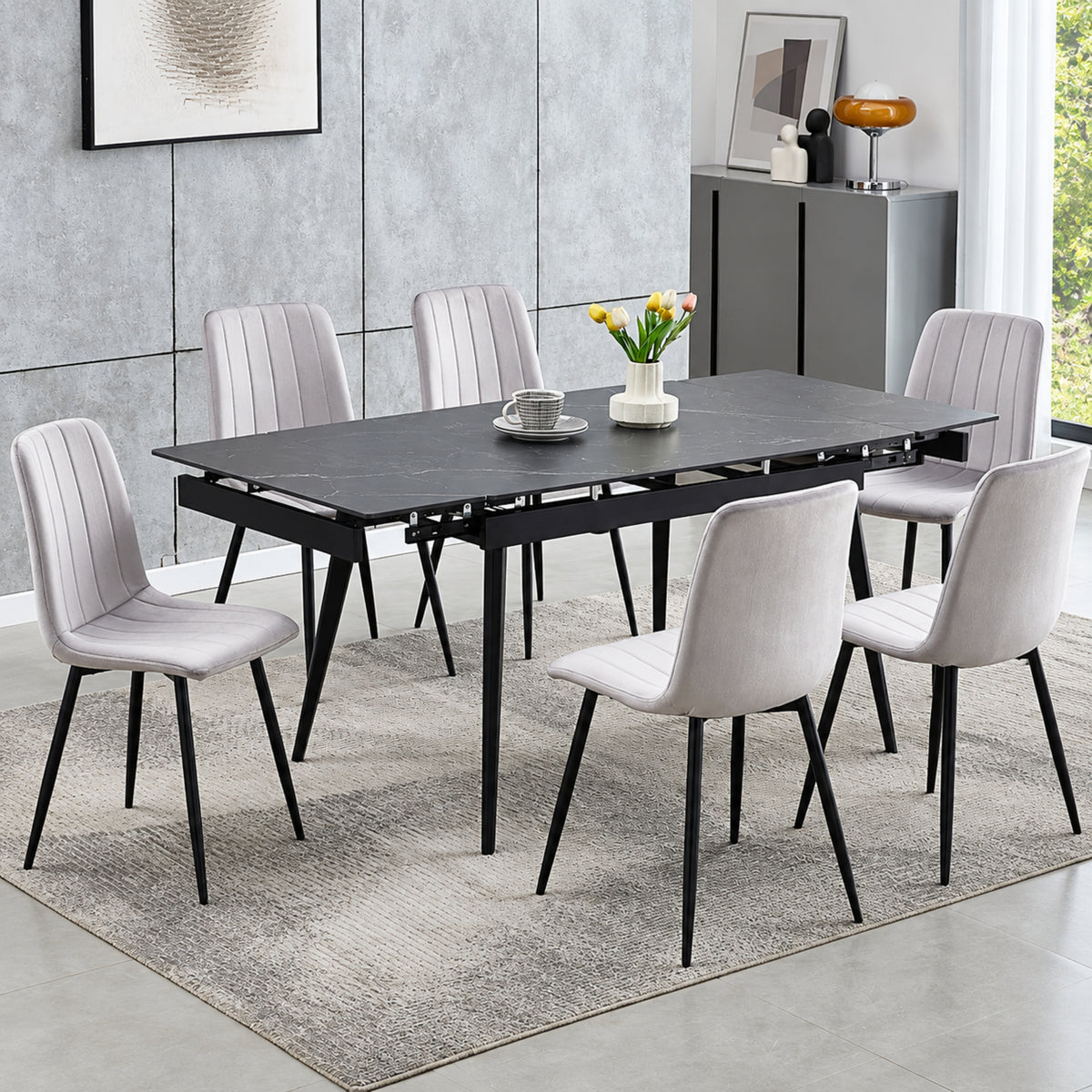 Modern 7-Piece Extendable Black Sintered Stone Dining Set – Light or Dark Grey Velvet Chairs – complete dining set