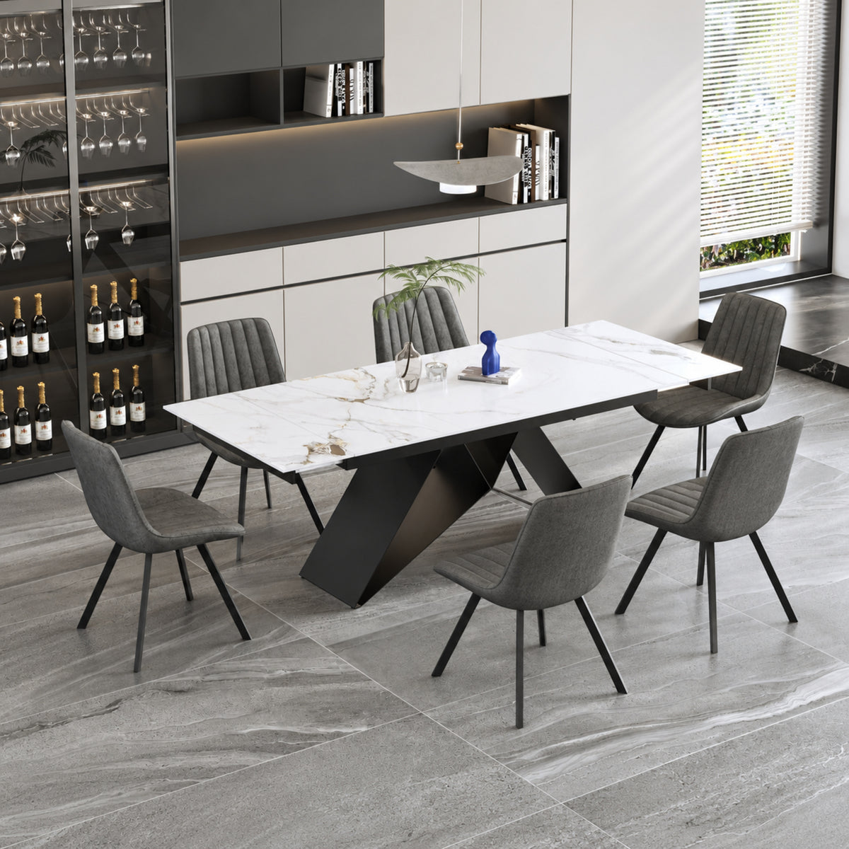 Modern Extendable Chanel Marble-Look Dining Table with 6 Chairs – Multiple Chair Options – complete dining set