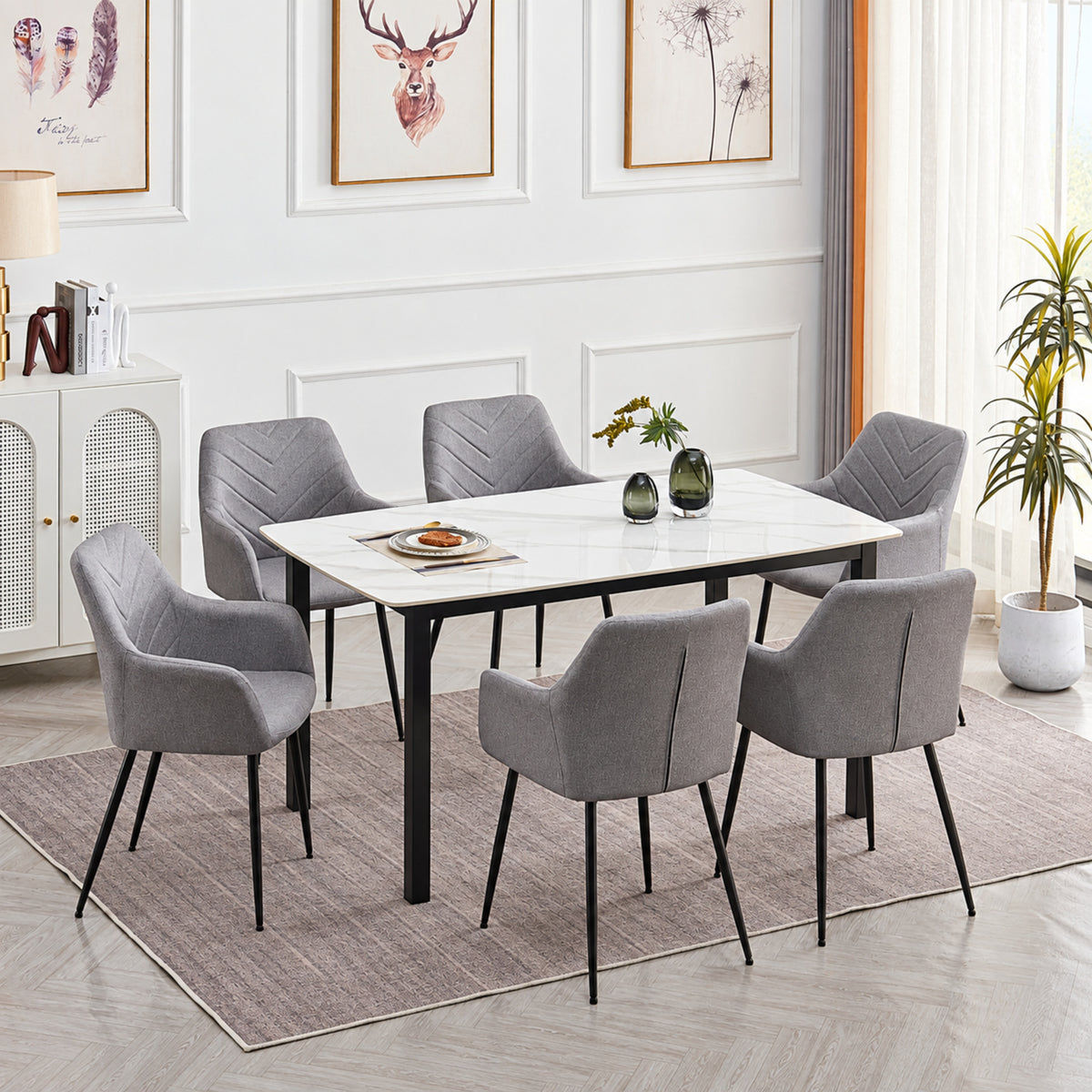 Modern White Marble-Look Sintered Stone Dining Table with 6 Chairs – Multiple Chair Options – complete dining set