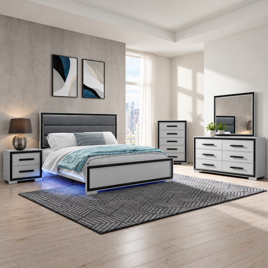 Amelia Collection Silver & Black LED Bedroom Set with Upholstered Headboard