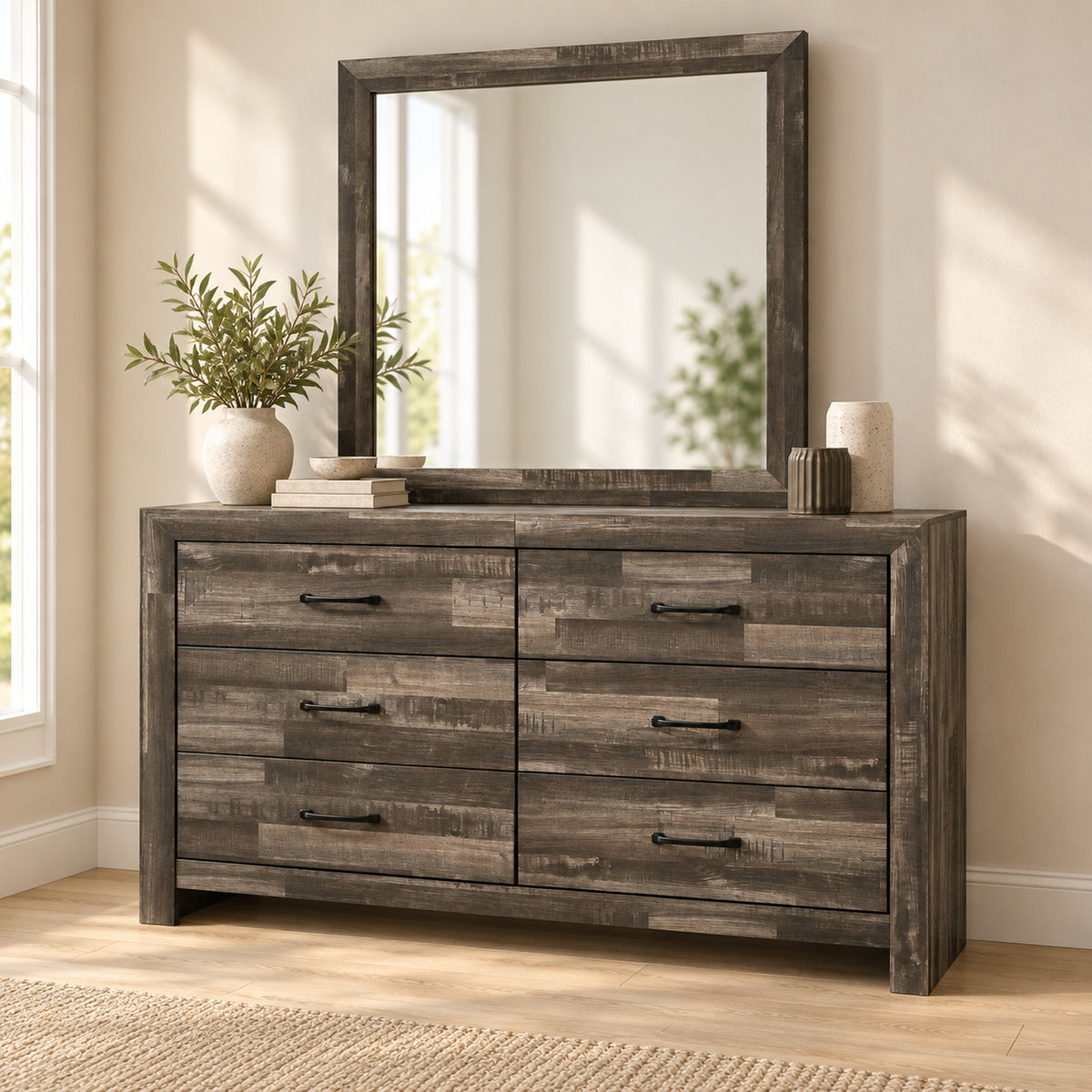 Athens Driftwood Brown dresser and mirror in a bedroom lifestyle setting