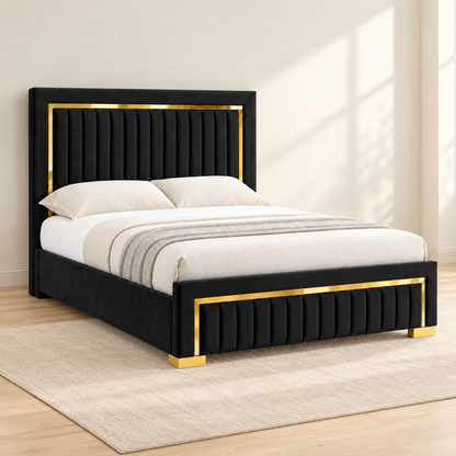 Aurora Black Velvet Platform Bed with Deep Tufted Headboard & Gold Accents