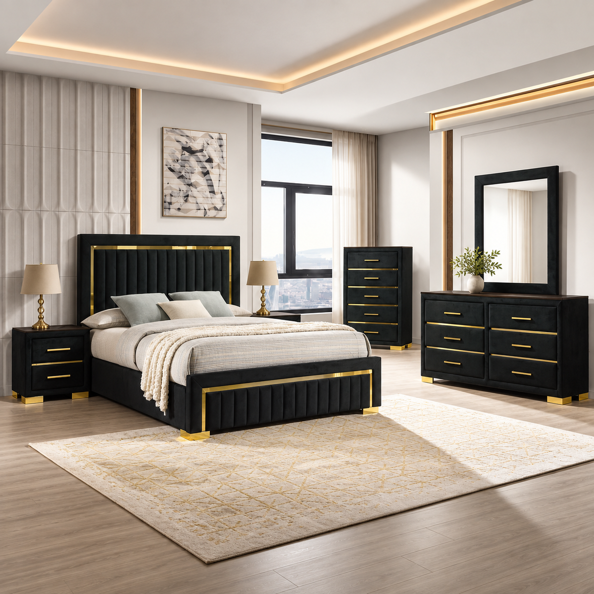 Aurora Black Velvet & Gold Complete Bedroom Set