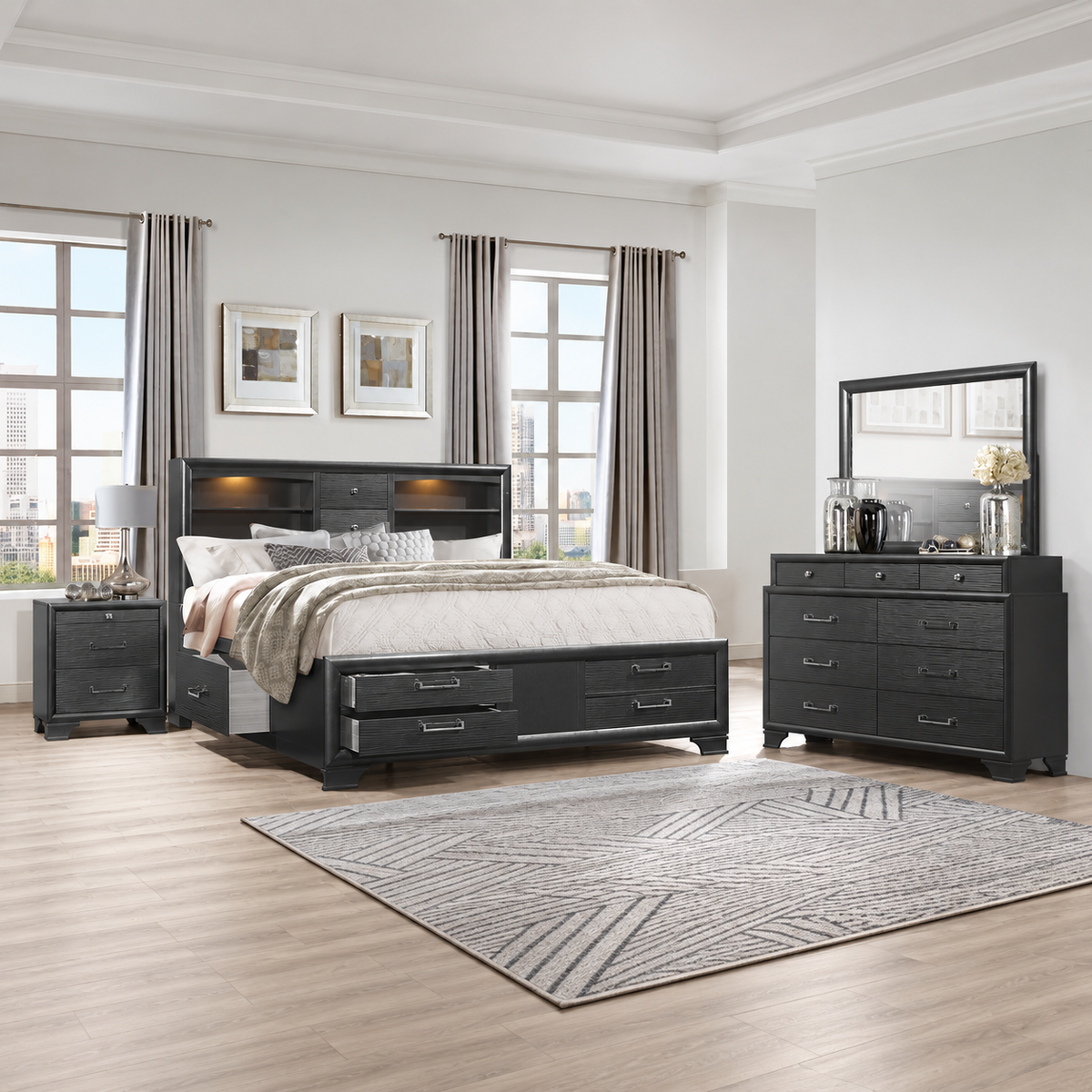 Ava / Jordyn Grey LED Storage Platform Bedroom Set