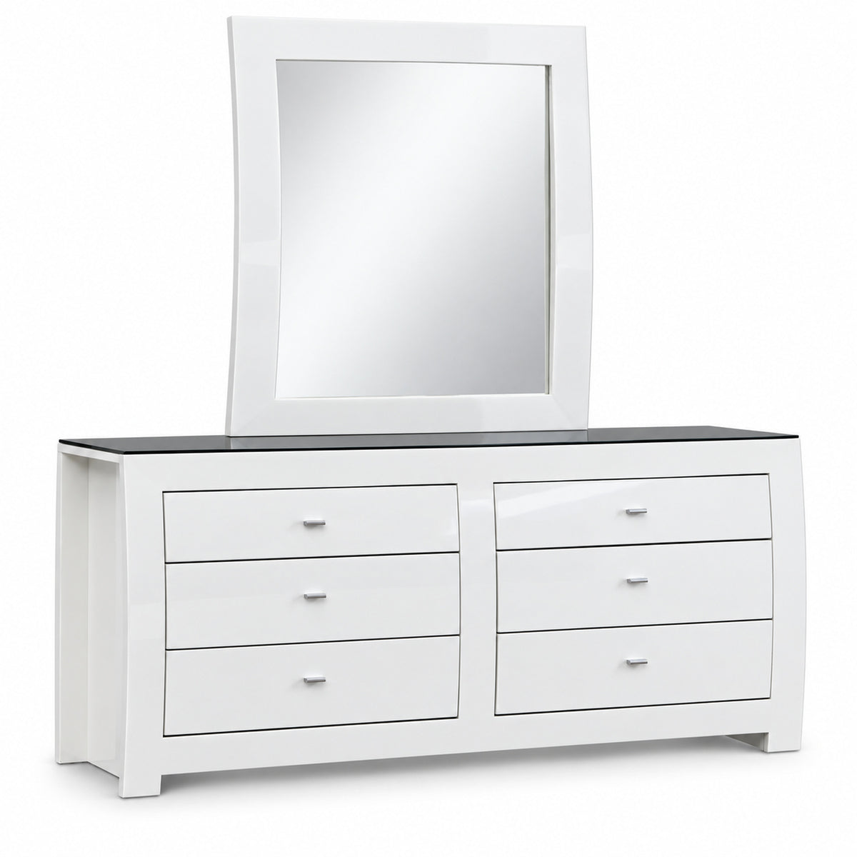 Barcelona high-gloss white dresser and mirror with black glass top on a clean white background