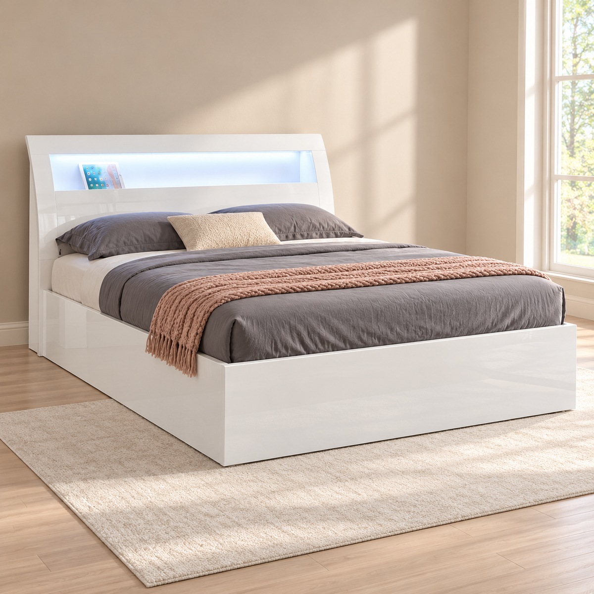 Barcelona Collection High-Gloss White LED Hydraulic Storage Platform Bed with USB Charging — lifestyle view, bed only
