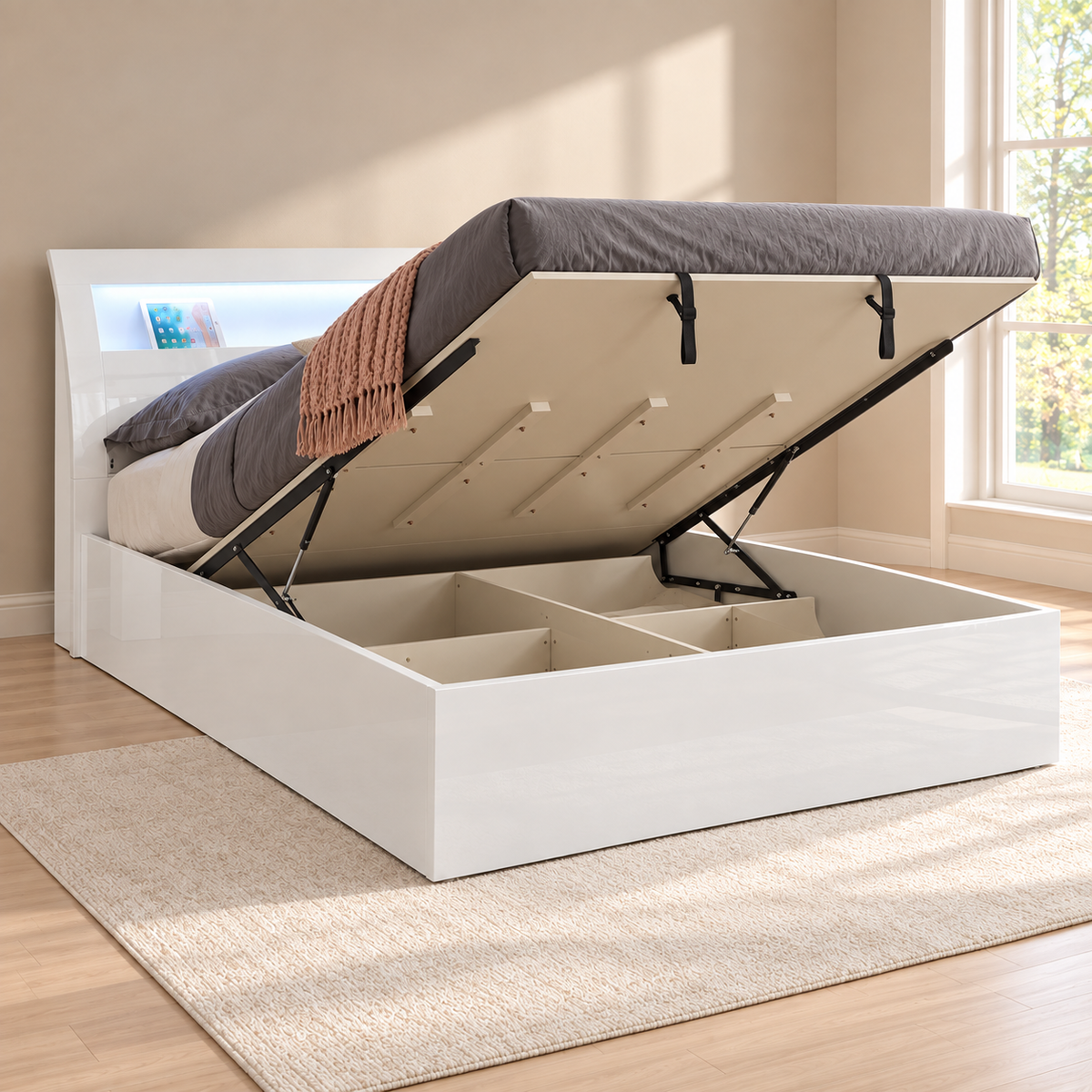 Barcelona Collection High-Gloss White LED Hydraulic Storage Platform Bed with USB Charging — lift-up storage open