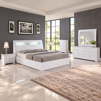 Barcelona Collection High-Gloss White LED Hydraulic Storage Bedroom Set with USB Charging