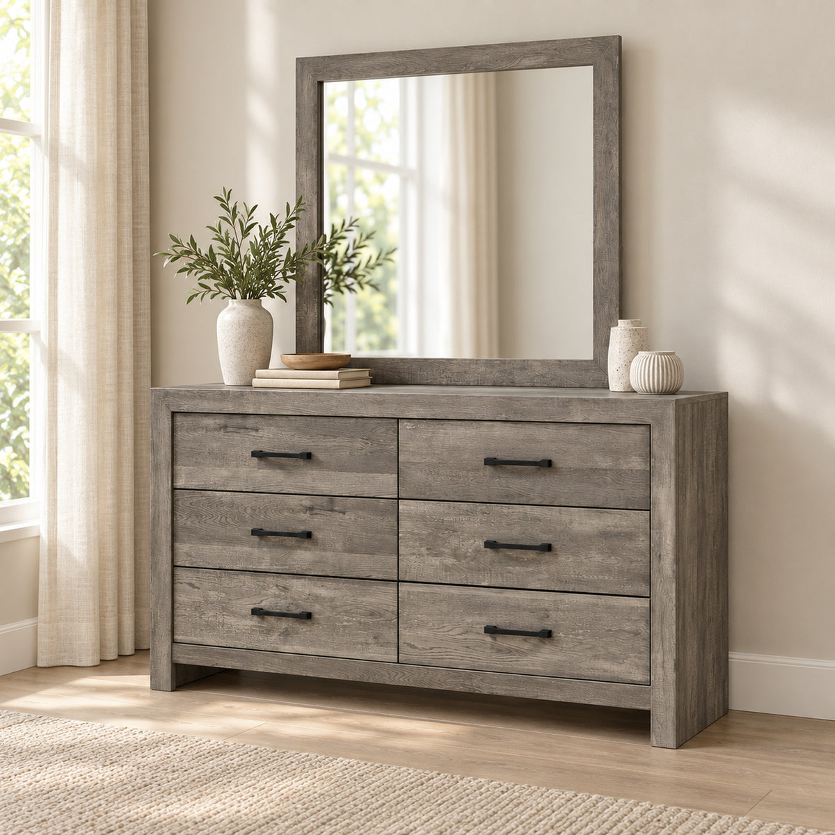 Charlotte Black dresser and mirror in a bedroom lifestyle setting
