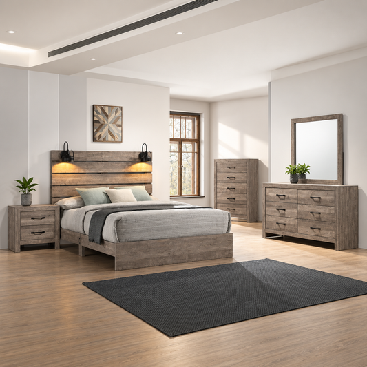 Charlotte Collection Driftwood Grey LED Platform Bedroom Set with USB Charging
