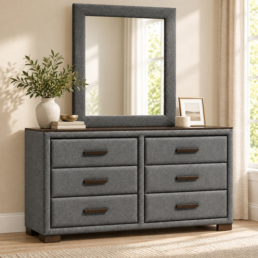 Dylan Grey dresser and mirror in a bedroom lifestyle setting
