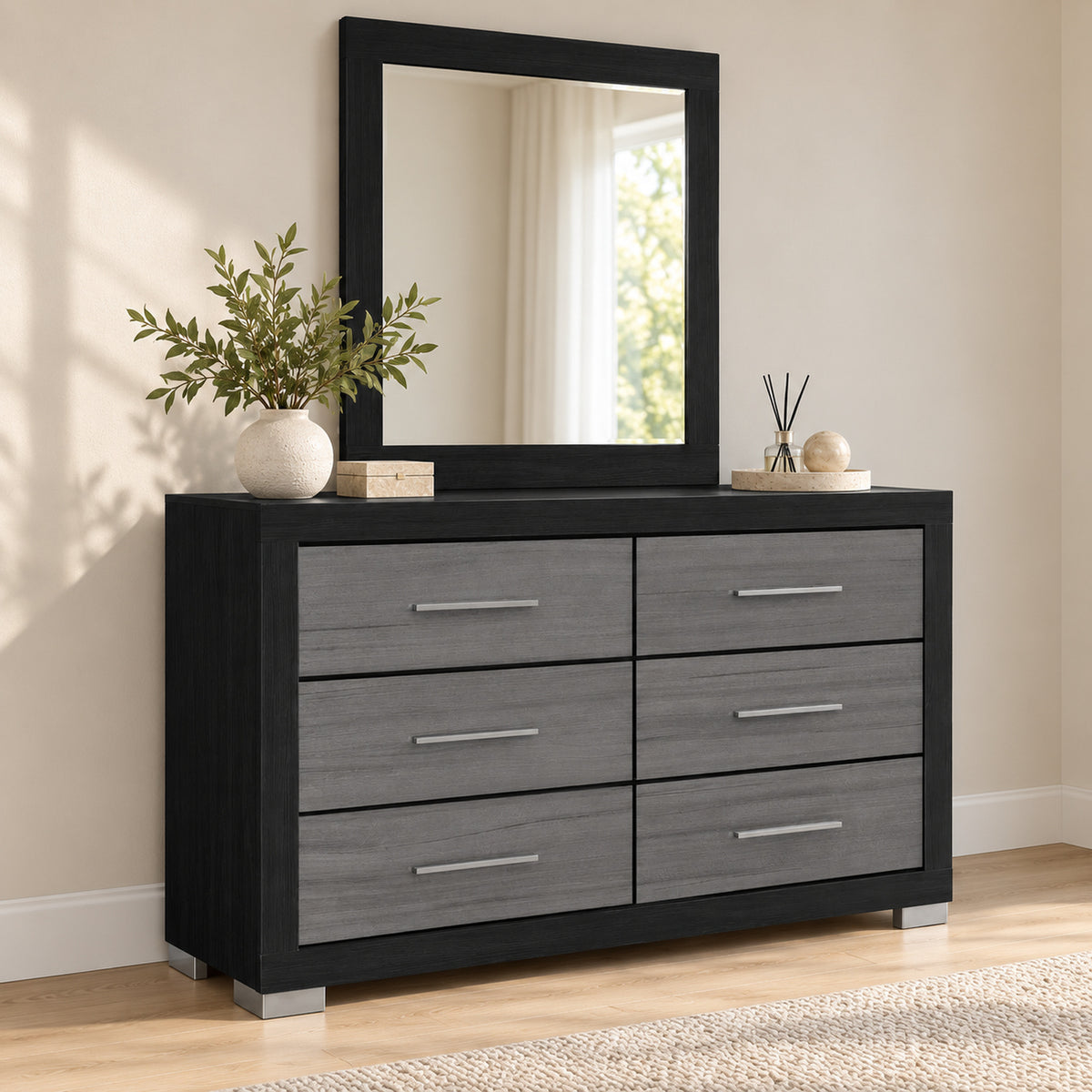 Emma Black & Grey dresser and mirror in a bedroom lifestyle setting