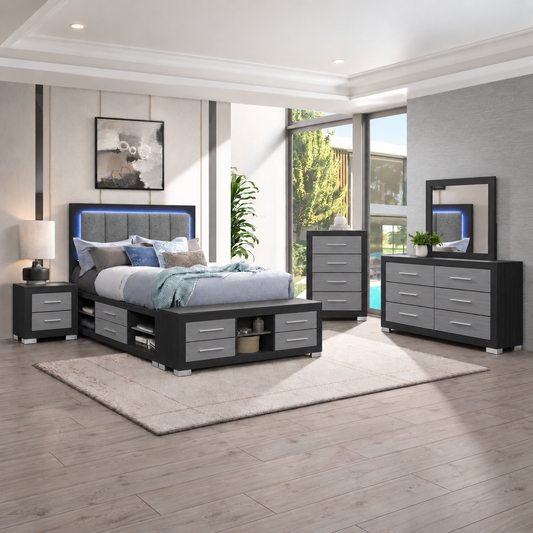 Emma Collection LED Storage Platform Complete Bedroom Set with USB-C Charging – Black/Grey or Natural/White