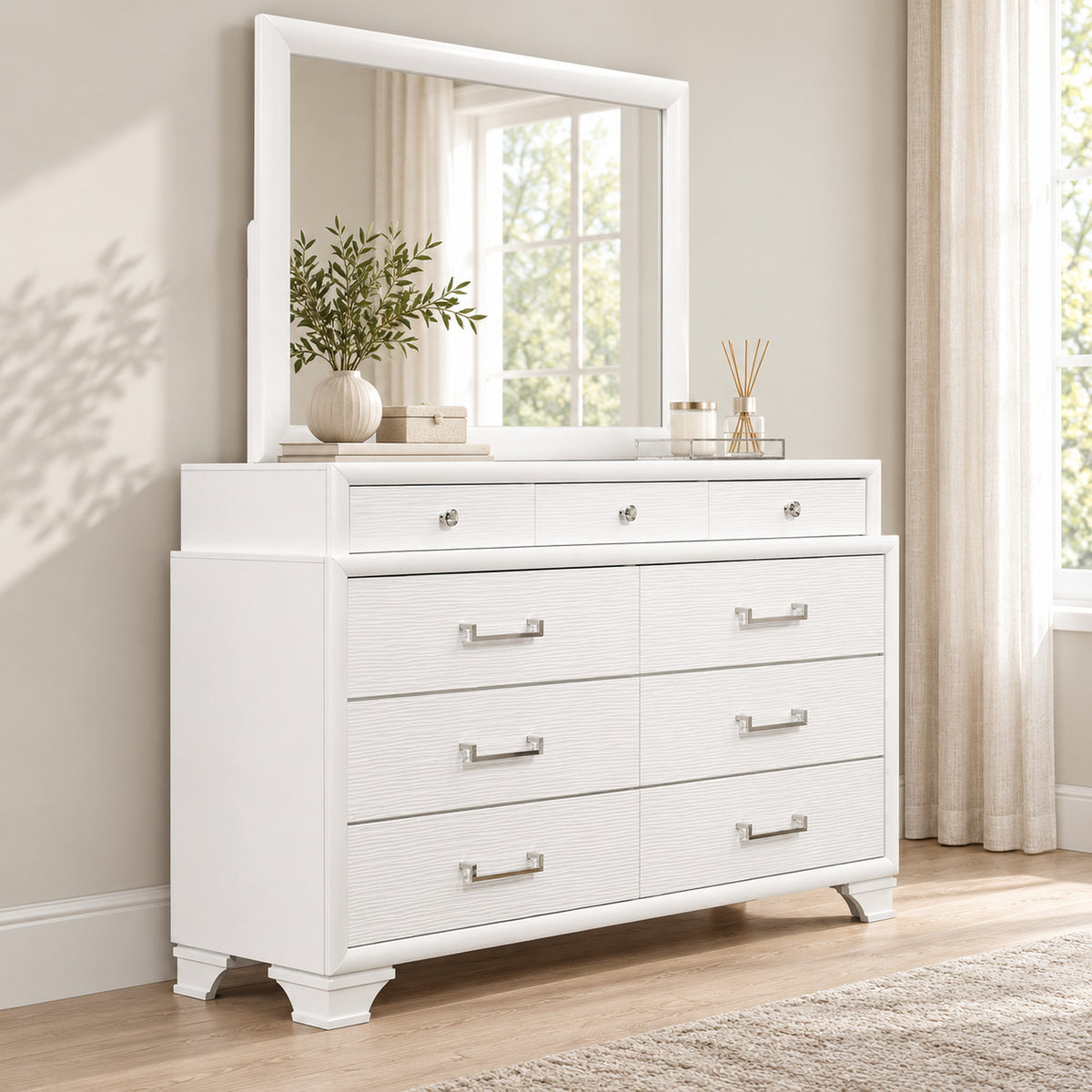 Jordyn White dresser and mirror in a bedroom lifestyle setting