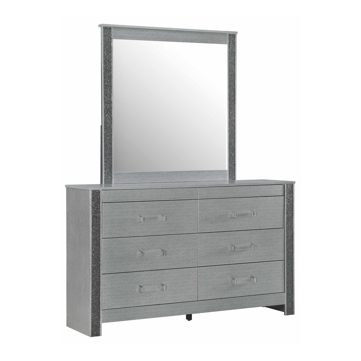 Logan Silver dresser and mirror on a clean white background
