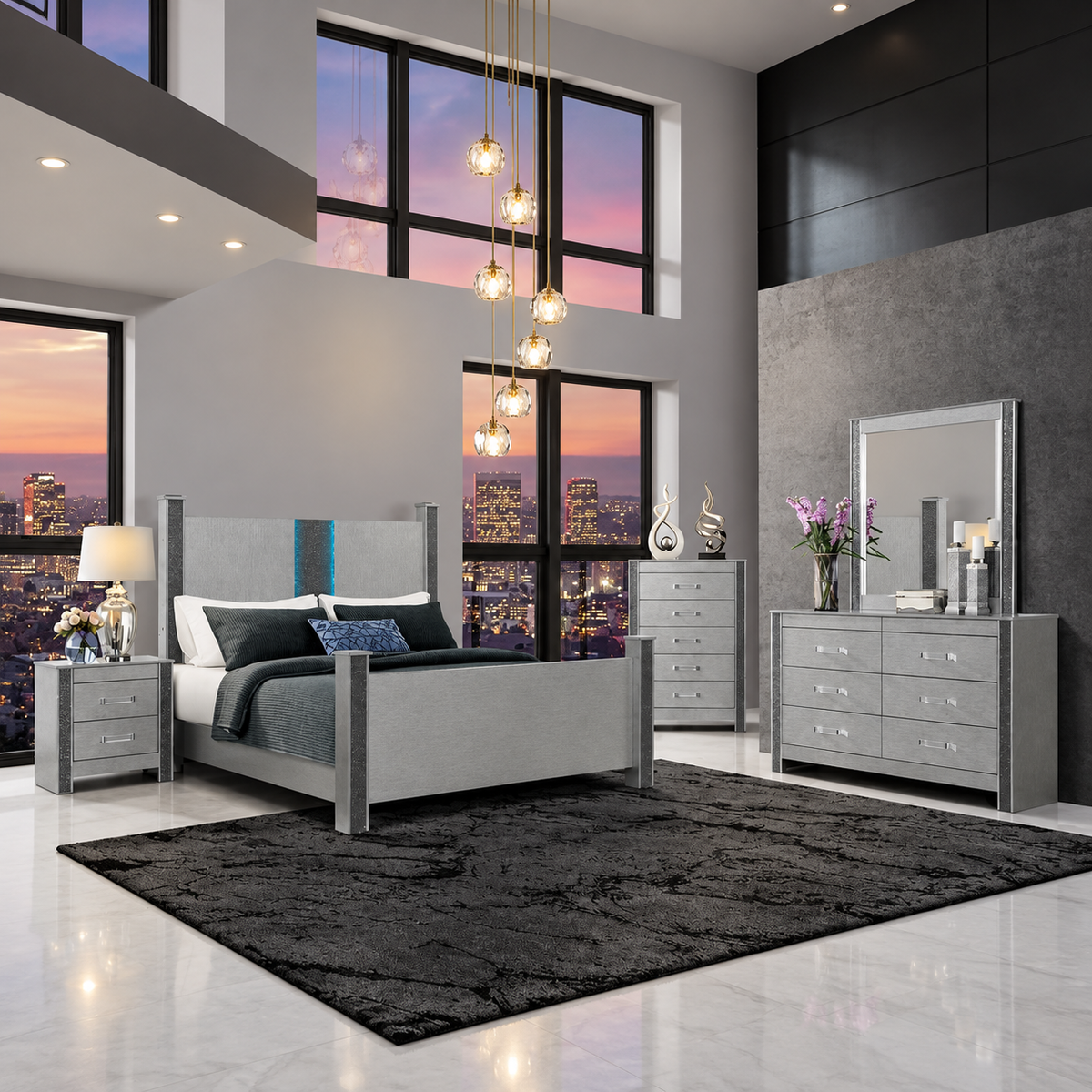 Logan Silver Glam Bedroom Set with Crushed Crystal Accents, Disco Lights & Bluetooth