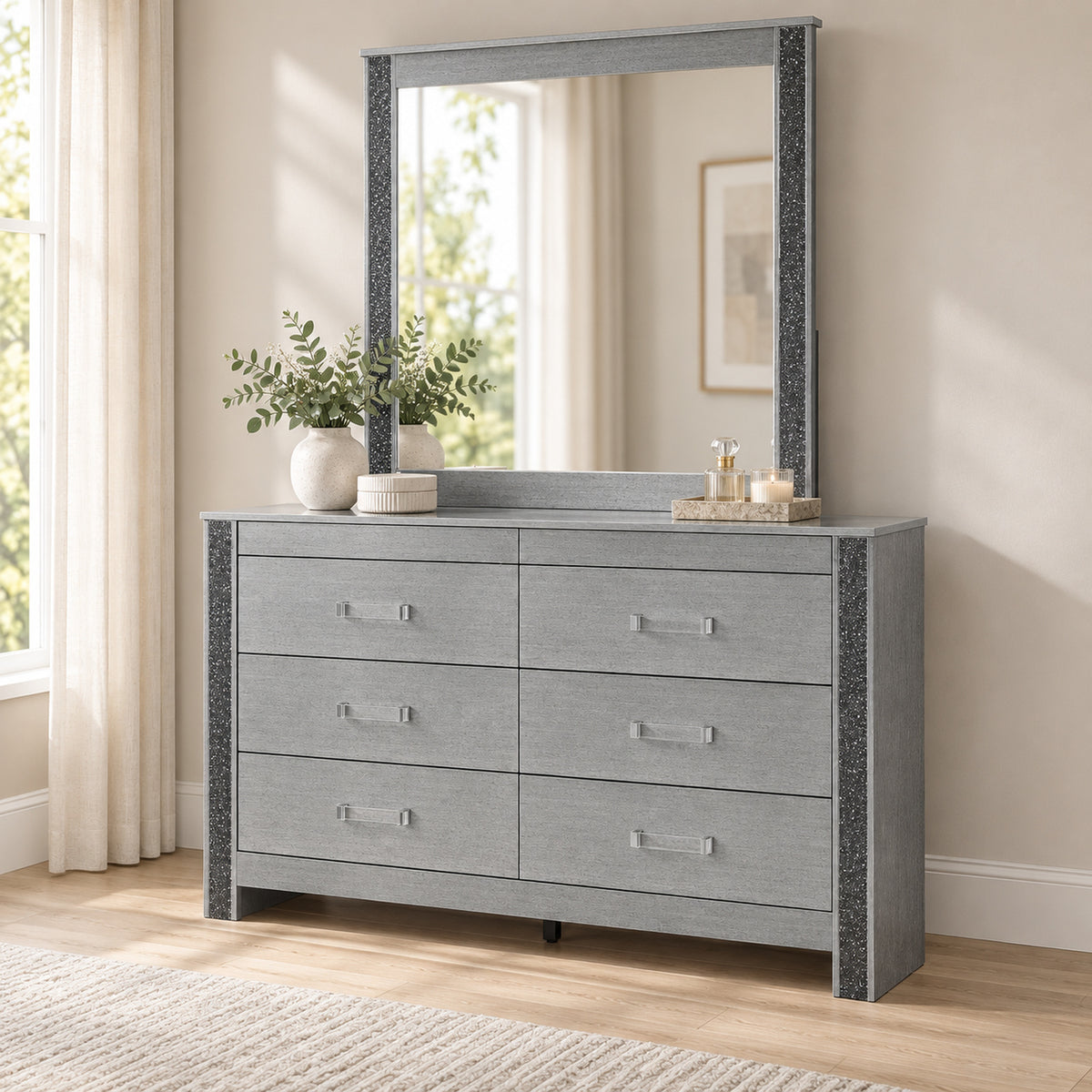Logan Silver dresser and mirror in a bedroom lifestyle setting