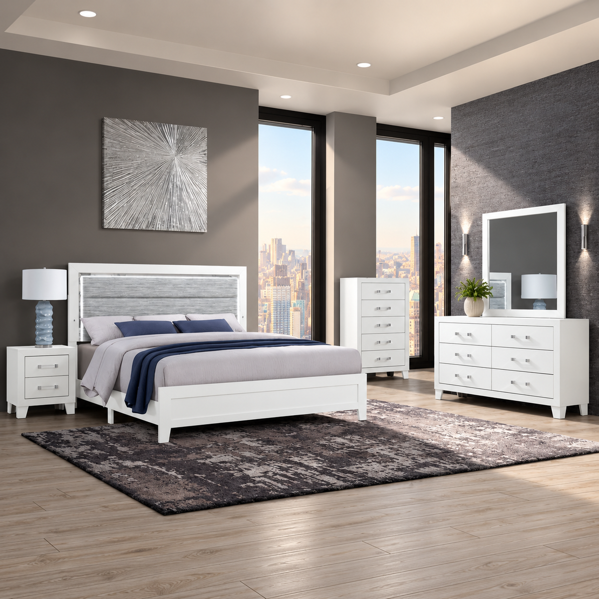 Luccia Collection Modern White LED Complete Bedroom Set with Grey Upholstered Headboard