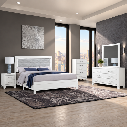 Luccia Collection Modern White LED Complete Bedroom Set with Grey Upholstered Headboard