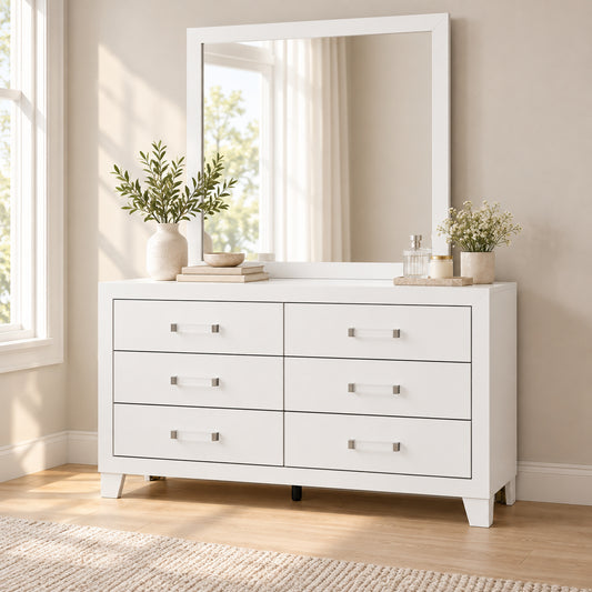 Luccia White dresser and mirror in a bedroom lifestyle setting