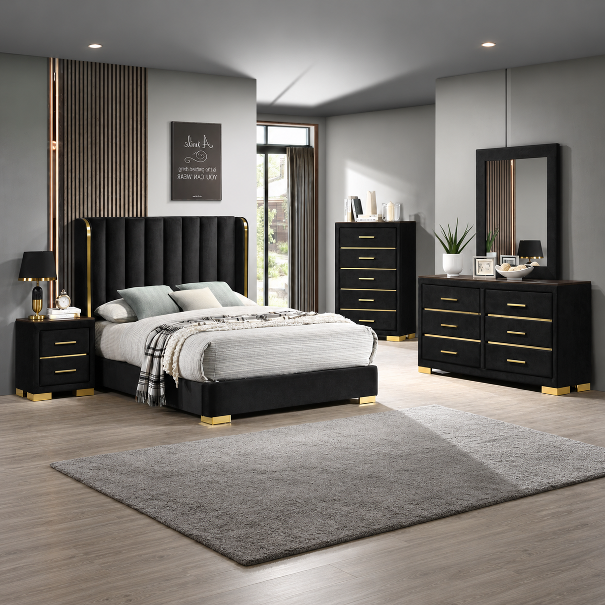 Madison Black Velvet & Gold Wingback Platform Bedroom Set