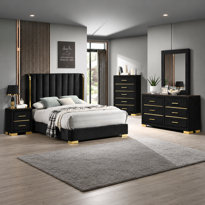 Madison Black Velvet & Gold Wingback Platform Bedroom Set