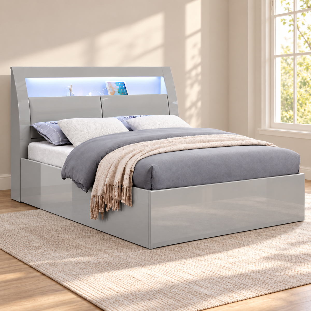 New York Dove Grey LED Hydraulic Storage Platform Bed Frame with USB — lifestyle view, bed only