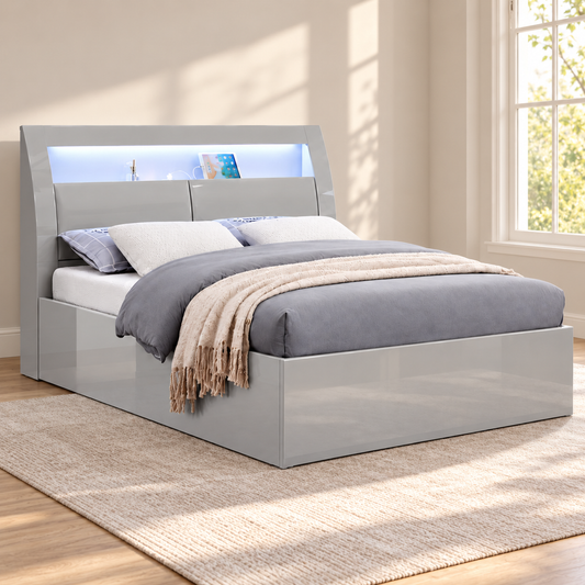 New York Dove Grey LED Hydraulic Storage Platform Bed Frame with USB — lifestyle view, bed only