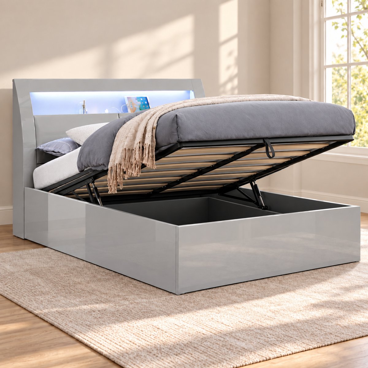 New York Dove Grey LED Hydraulic Storage Platform Bed Frame with USB — lift-up storage open
