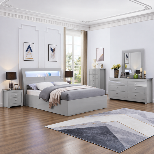 New York Dove Grey High-Gloss LED Storage Bedroom Set with USB Charging