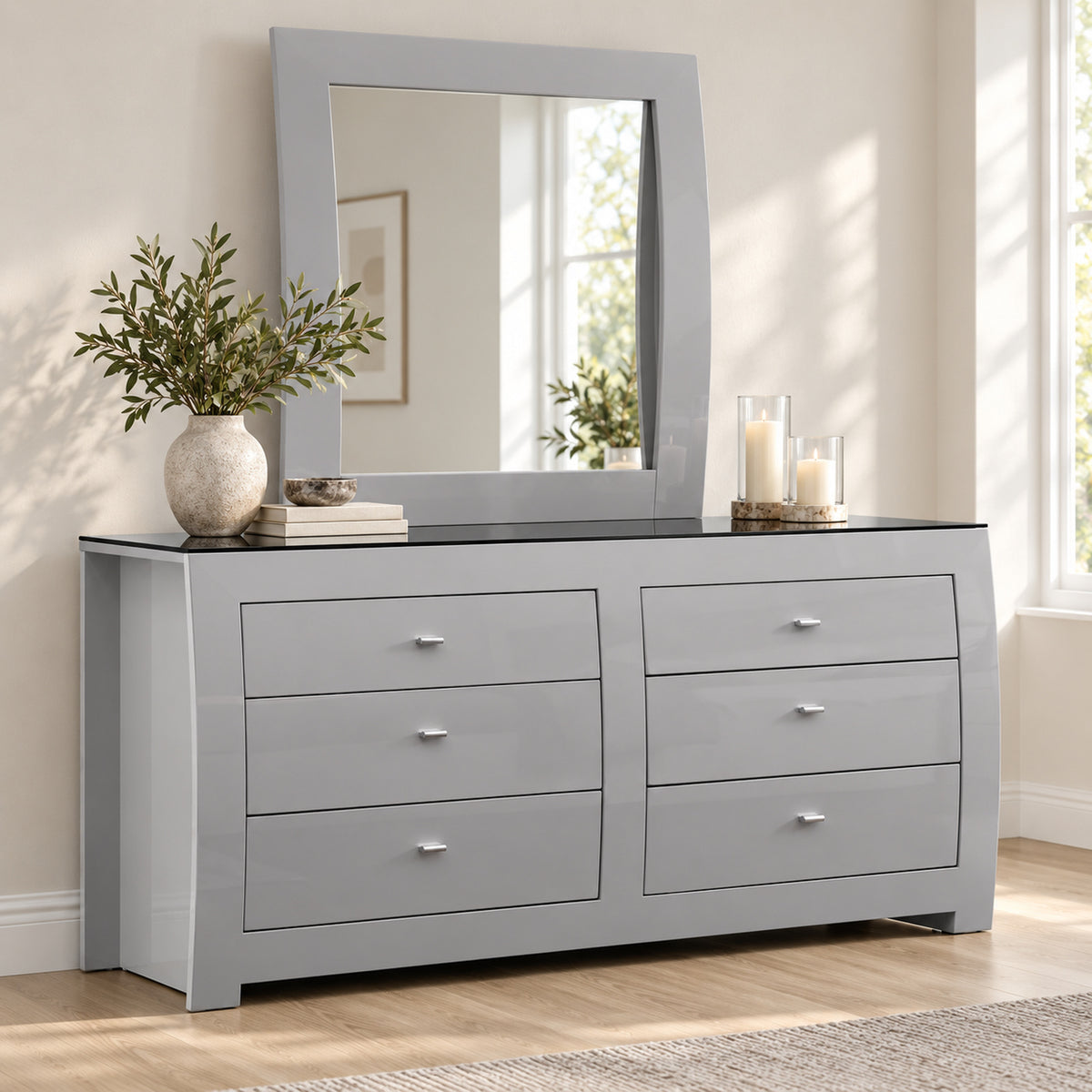 New York Dove Grey dresser and mirror in a bedroom lifestyle setting